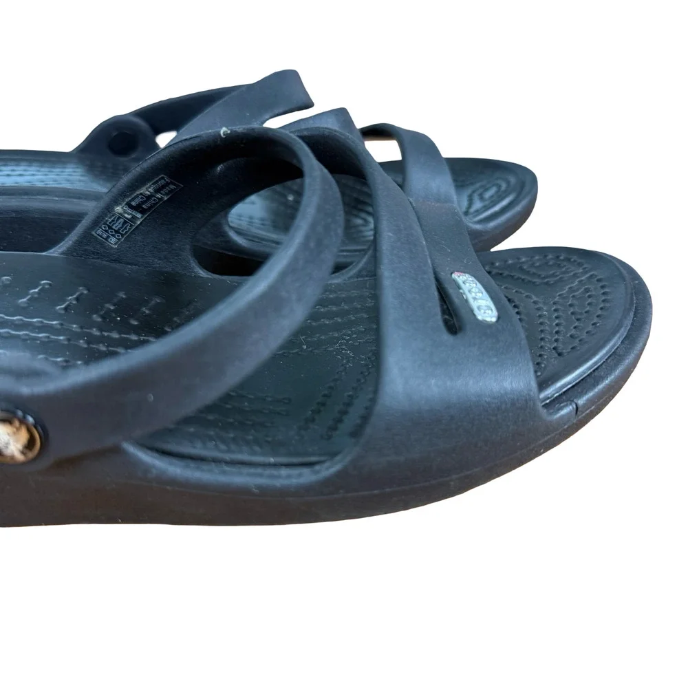 Crocs Patricia Wedge Sandals Black Slip On Slides Strappy Open Toe Shoes sz 8